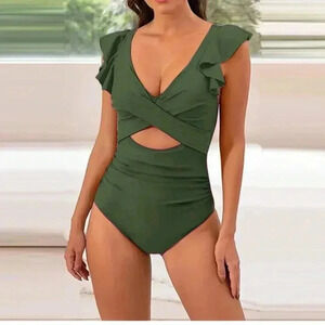 ---

👙 **Chic Olive Green Ruffle Wrap One-Piece Swimsuit**